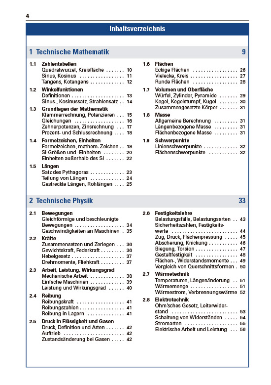 Tabellenbuch Metall Inhaltsverzeichnis 4