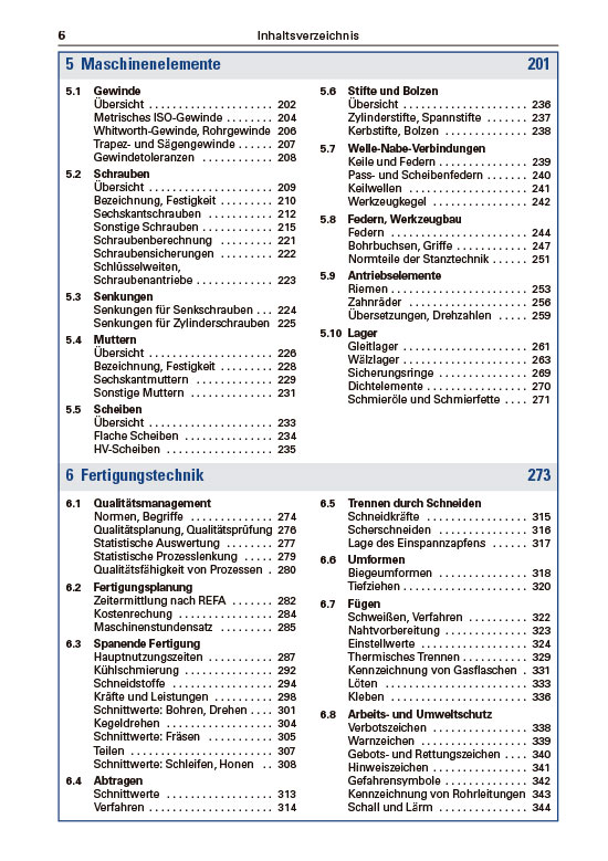 Tabellenbuch Metall Inhaltsverzeichnis 6