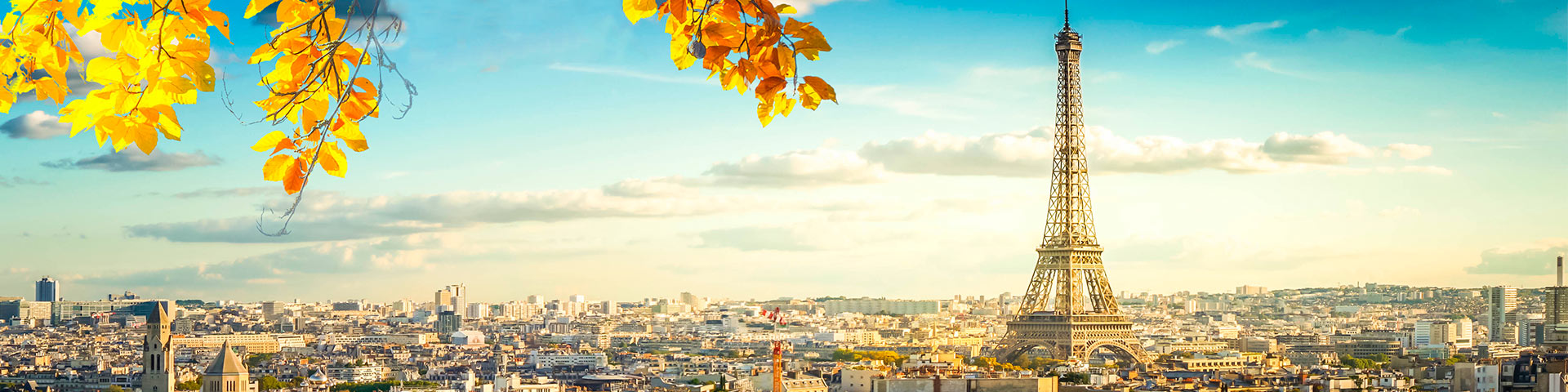 Französisch Übersetzung: Skyline von Paris mit Eiffelturm und Herbstblättern, Frankreich.