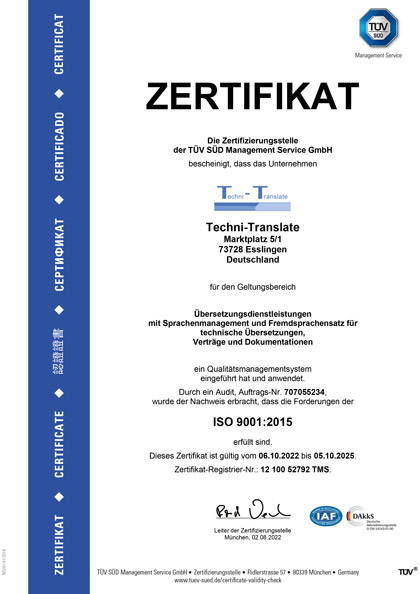 TÜV SÜD ISO 9001:2015-Zertifikat vom Übersetzungsbüro Techni-Translate auf Spanisch