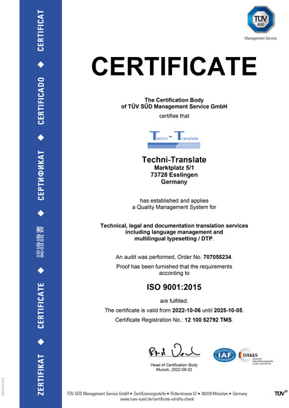 TÜV SÜD ISO 9001:2015-Zertifikat vom Übersetzungsbüro Techni-Translate auf Englisch