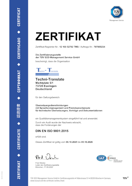 TÜV SÜD ISO 9001:2015-Zertifikat vom Übersetzungsbüro Techni-Translate auf Deutsch